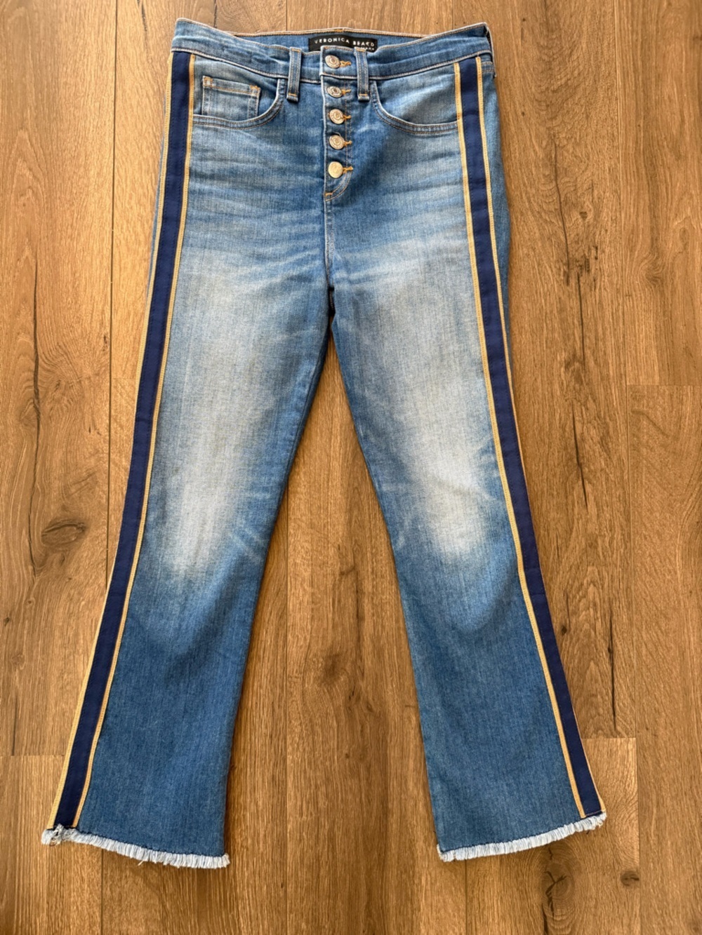 Veronica Beard Jeans 26 High Rise Side Stripe Raw Hem Designer Denim